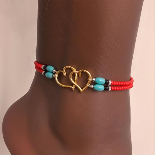 Image of Elastic Beaded Ankle Bracelets for Women Double Heart Layered Stretch Ankle Bracelets Waterproof Dainty Boho Beaded Anklets for Summer Beach Foot Jewelry