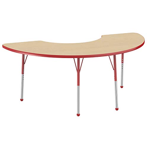 Image of FDP Half Moon Activity School and Office Table (36 x 72 inch), Standard Legs with Ball Glides for Collaborative Seating Environments, Adjustable Height 19-30 inches - Maple Top and Red Edge