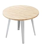 mesa redonda extensible blanca y madera 🪵 Madera de roble natural – Tapa de 2,5 cm de grosor con borde de 3,5 cm y extensiones fabricadas en madera tratada con aceites y barnices ecológicos.