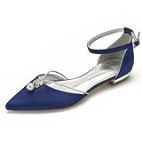 Creativesugar Lady Elegant Pointed Toe Satin Dress Flats Shoes with Pearl and Crystals (7, Navy Blue)