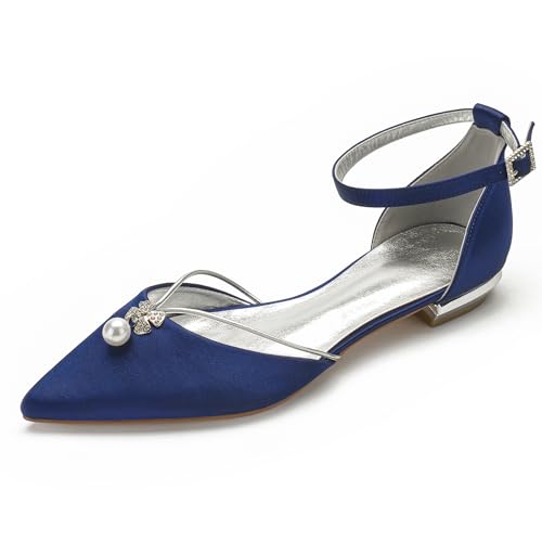 Creativesugar Lady Elegant Pointed Toe Satin Dress Flats Shoes with Pearl and Crystals (8.5, Navy Blue)