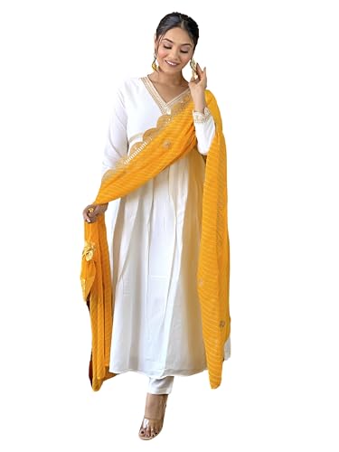 Ensemble kurta brodé jaune en coton Chanderi avec son pantalon et Dupatta festif M