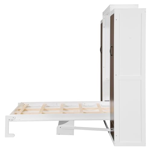 Flieks Queen Size Murphy Bed, Wooden Queen Wall Bed with Closet, Drawers and Desk, White