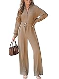 CUPSHE DAMEN JUMPSUIT REVERS REISSVERSCHLUSS VORNE OVERALL LANGARM WEITES BEIN PLAYSUIT HOSENANZUG MIT GÜRTEL KHAKI XL