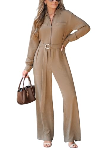 CUPSHE Damen Jumpsuit Revers Reißverschluss Vorne Overall Langarm Weites Bein Playsuit Hosenanzug mit Gürtel Khaki M