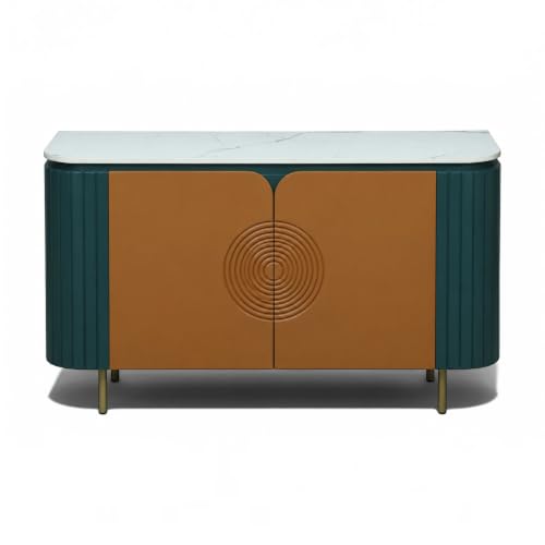 Image of Solid Wood Mandala Sideboard Cabinet with Sintered Stone Top for Living Room | Premium Acrylic Emerald Green and Terracotta Brown with Soft Close Hinges