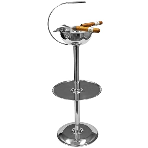 Stinky Cigar Silver Floor Standing Cigar Ashtray with Windproof Design, Stainless Steel Ashtray featuring a Deep Bowl with 4 Stirrups and 12" Accessory Tray - Stylish Indoor & Outdoor Smoking Solution
