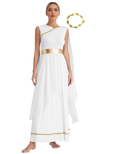 Miaeowve Vestido de mujer de la diosa griega de Cleopatra, disfraz de mujer antigua, vestido largo de fiesta, toga, vestido de reina con corona de laurel, color blanco, 3XL