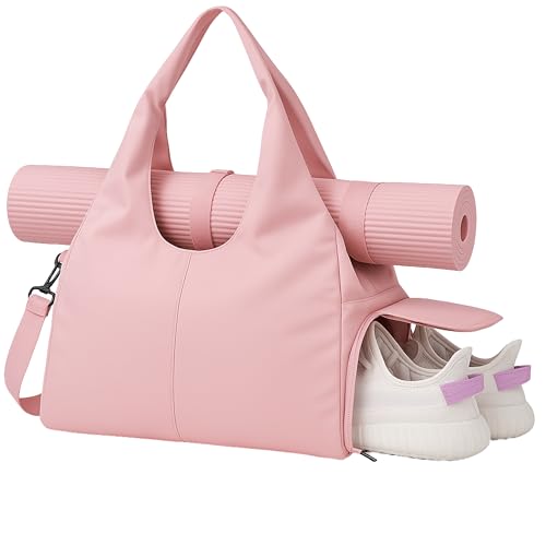 Gym Bag Womens, with Yoga Mat Storage Sports Travel Duffel Bag with Shoes Compartment, Waterproof Sports Swimming Gear Bag and Hiking with Shoulder Strap (Pink)