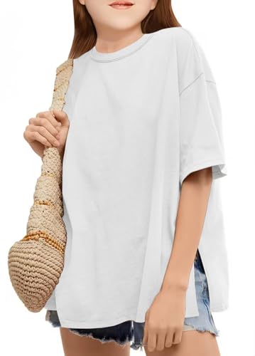 CharmWM Girls Fashion T Shirts Raw Hem Oversized Summer T Shirt Short Sleeve Tops Tees Shirt 5-14 Years White