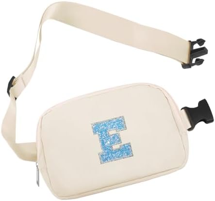 Ivory Belt Bag Waist Fanny Pack Small Cross Body Nylon Bum Pouch Hip Purse with Initial Letter Monogrammed Patch for Teacher Nurse Girl, Personalized Christmas Gift Preppy Teen Stuff (E)