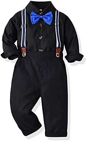 Autumn Baby Boys Clothes Sets Toddler Boy Outfits Gentleman Suits 3pcs Striped Bow Tie Shirts and Suspenders Pants Casual Birthday Formal Wedding Party Dress Suits Black + Royal Blue 18-24 Months
