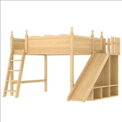 Image of Full Size Loft Bed with Storage Shelves, Cabinet & Detachable Slide and Ladders, Solid Wood Kids Loft Bed for Space-Saving, Playful & Organized Bedroom (Natural2, Full)