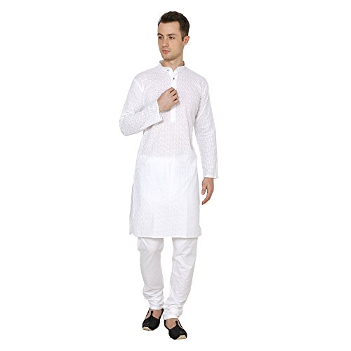 Image of Royal Kurta Men's Lucknowi Chikan Embroidered 100% Cotton Comfortable Kurta Churidar Pyjama Set