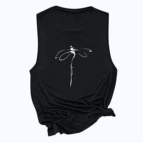Tariendy 4Th Of July Tank Tops For Women Dragonfly Print Vest Loose Fit Crewneck Pullover Sleeveless Shirt Black #TOP2