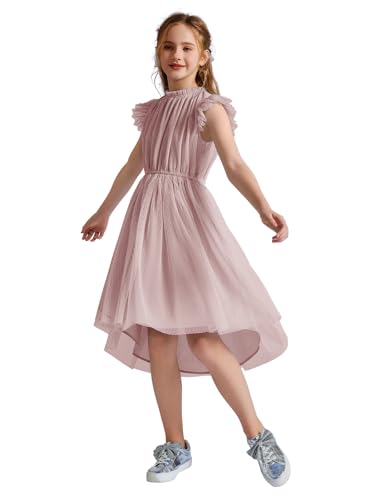Quedoris Girls Tulle Dress Elastic Neck and Waist Three Layers Ruffle Sleeve Cocktail High Low Party Casual Dress2