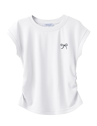Arshiner T-Shirts Mädchen Schleifendruck Kurz Ärmel Sommer Freizeit Tops Kinder Rundhals Tailliert geschnitten Shirts Mode Basic Tshirt für Mädchen Weisse 150 10-11 Jahre