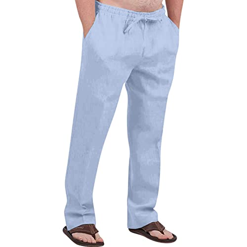Mens Casual Linen Pants Elastic Waist Drawstring Summer Beach Pants Comfy Lightweight Cotton Linen Pants