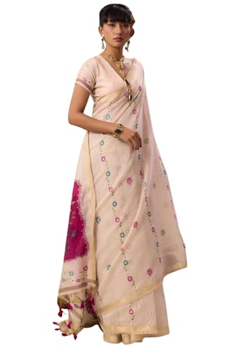 Image of SGF11 Women's Soft Cotton Linen Silk Saree With Unstitched Blouse Piece