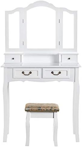BITBIZ Vanity Set with Large Tri-Folding Mirror & Cushioned Stool Dressing Table Vanity Makeup Table 4 Drawers 2 Dividers Organizers White