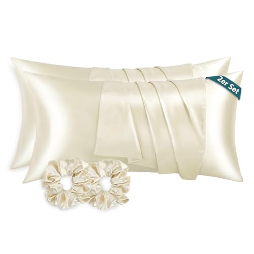 RUIKASI Satin Kissenbezug 40 x 80 wie EIN Seidenkissenbezug mit 2 Haargummis - seidig Kopfkissenbezug 40x80 für Haar und Haut, Pflegeleichter als...