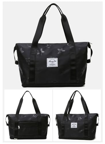 Expandable Women's Travel Luggage Bag ，sports handbag, fitness bag, one shoulder weekend overnight bag，Bottom zipper expandable (Black)2