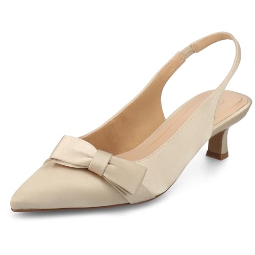 Journee Collection Womens Paloma Sling Back Pumps Dress Shoes Satin Bow Cushioned Kitten Heel Pointed Toe Pull On Satin/Champagne 8 Medium WOMENS US