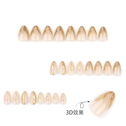 Image of Gold Nail Press ons French Tip Fake Nails with 3D Chrome Design Glossy Glue on Nails Reusable Artificial Acrylic Full Cover Nude Stick on Nail Short Almond False Nails for Women Manicure 24Pcs