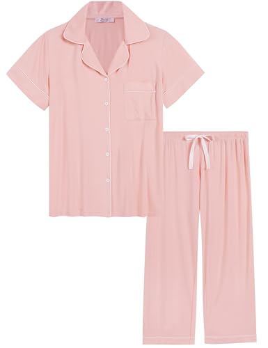 Image of Joyaria Bamboo Viscose Cooling Pajamas for Women Capri Button Front Pjs Set | Ideal for Night Sweats, Hot Sleeper Friendly, Breathable & Moisture Wicking, Short Sleeve Top