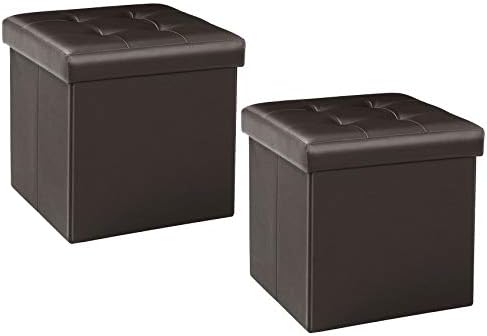 Bonlife Folding Storage Chest Ottoman Faux Leather Cube Foot Rest Stool Soft Small Storage Box with Lid,Brown,Pack of 2 (32X32X32CM)