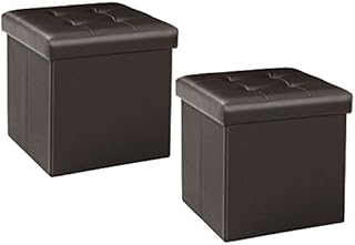 Bonlife Folding Storage Chest Ottoman Faux Leather Cube Foot Rest Stool Soft Small Storage Box with Lid,Brown,Pack of 2 (32X32X32CM)