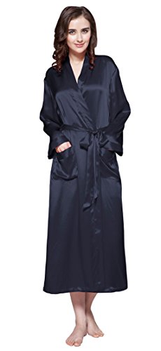 LilySilk Silk Robes for Women Long Mulberry 22 Momme Real Silk Bathrobe Navy Blue Size 0-2/XS