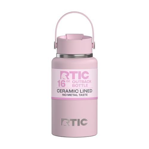 RTIC 16oz Outback Water Bottle, Ceramic Lined, Insulated, Stainless Steel, Double Wall Vacuum-Insulation, Leak-Proof Lid, BPA-Free Water Flask Hiking, Running, Sports, Outdoor, Pale Pink