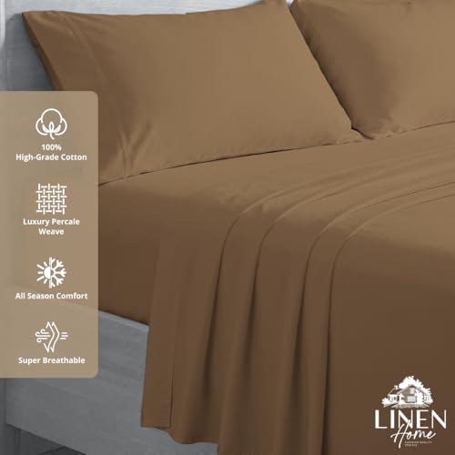 Image of Linen Home 2-Pack Queen Sheet Set, 100% Cotton Percale Bedding, 8-Piece Value Bundle, Deep Pocket Cooling Bed Sheets for Hot Sleepers, Breathable & Crisp Hotel Quality, Long-Staple Cotton Earthy Brown