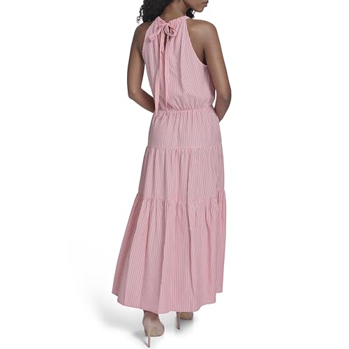 Image of Tommy Hilfiger Women's Sleeveless Halter Neck Seersucker Tiered Skirt Maxi Dress