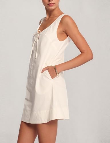 Image of MISSACTIVER Women's Sexy Scoop Neck Summer Mini Dress 2025 Sleeveless Tie Up Back Button Hollow Out Sundress with Pocket(Medium,Apricot)