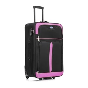 Aerostar Medium 26” Lightweight Softshell Expandable Suitcase, Check in Luggage 2 Corner Wheels with Integrated Combination Lock (Black/Pink, 70 litres)