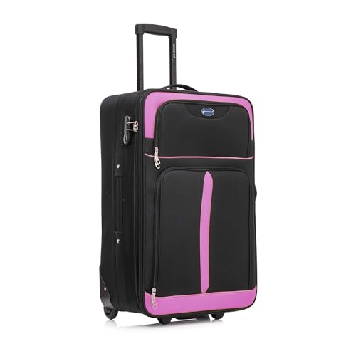 Aerostar Medium 26” Lightweight Softshell Expandable Suitcase, Check in Luggage 2 Corner Wheels with Integrated Combination Lock (Black/Pink, 70 litres)