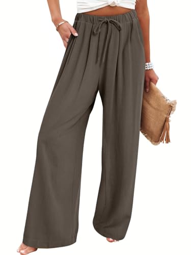 Bloggerlove Linen Palazzo Pants for Women Dressy Summer Wide Leg Flowy Pants Boho Linen Beach Trousers with Pockets