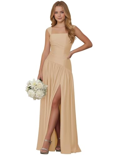 WDCVGTR A-Line Junior Bridesmaid Dress for Wedding Silk Satin Slit Champagne Flower Girl Dress Straps Formal Events Little Girls Long Gowns 10