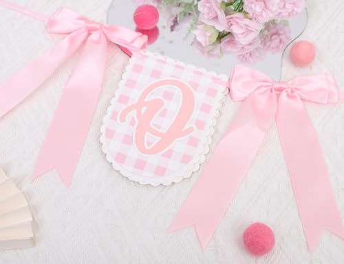 Image of Bow First Birthday High Chair Banner - Pink Bow 1st Party Decoration, Coquette First High Chair Banner, Coquette One Birthday Photo Prop