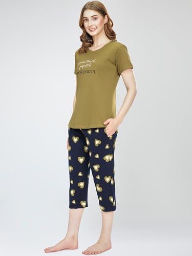 Image of ZEYO Night Suit for Women's Heart Printed Cotton Night Dress of Top and Capri Set 5745