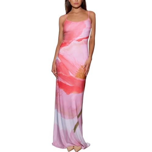Image of Womens Summer Casual Floral Dresses Spaghetti Strap Bodycon Maxi Beach Dress Elegant Evening Party Long Dresses