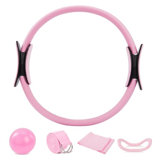 Youyijia 5-Piece Pilates Ring Set with Yoga Ball & Resistance Bands Premium Home Gym Equipment for Full-Body Toning Stretching & Strength Training (Pink)