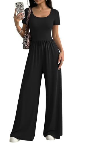 Ekouaer Summer Jumpsuits for Women Short Sleeve Wide Leg Romper Casual Square Neck Jumper 2026 One Piece Overalls with Pocket Black M