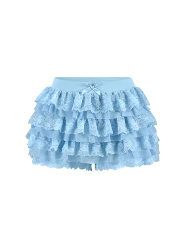 Women Y2K Lace Multi-Layered Bloomers, Lolita Ruffle Shorts, Sexy Short Pumpkin Pants, Elastic Waist Sweet Pettipants (US, Alpha, Small, Regular, Regular, Blue)