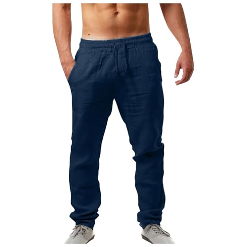 Pantaloni Chino Lino Uomo Estivo Casual Leggeri Larghi Pantalone Traspirante Loose Fit con Tasche Yoga Elasticiin Vita Pantaloni Tuta Uomo Estivi Sciolte Morbide e Versatile Pants (2-Dark Blue, L)