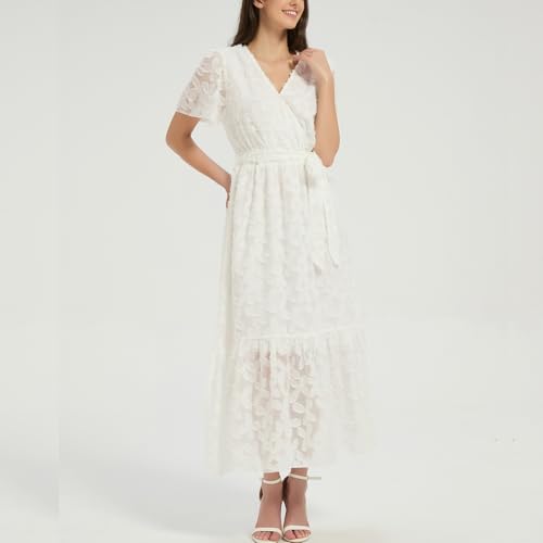 Image of Women's Summer Bohemian Floral Chiffon Dress Cap Sleeve V Neck Ruffle Long Flowy Boho Casual Vacation Dresses