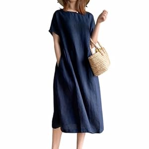 ワンピース レディース ナチュラル 綿麻 ロングワンピース リネン 半袖 膝丈 マキシ丈 30代 痩せ見え 夏 40..." 