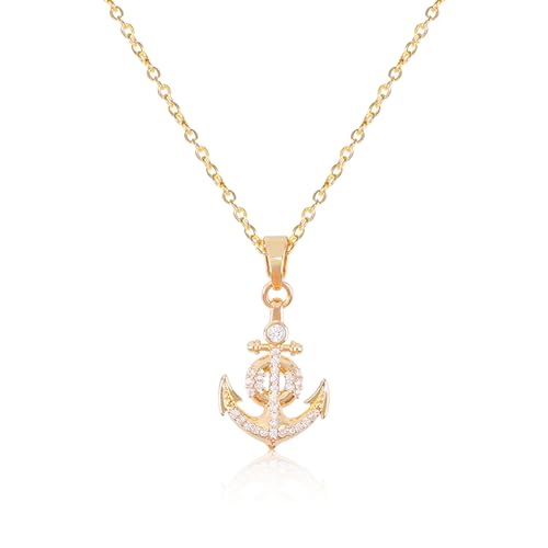 Gold Plated Rhinestone Flower/Anchor Pendant Necklace, Rhinestone Pendant Necklace Vacation Jewelry Gift for Women Girls